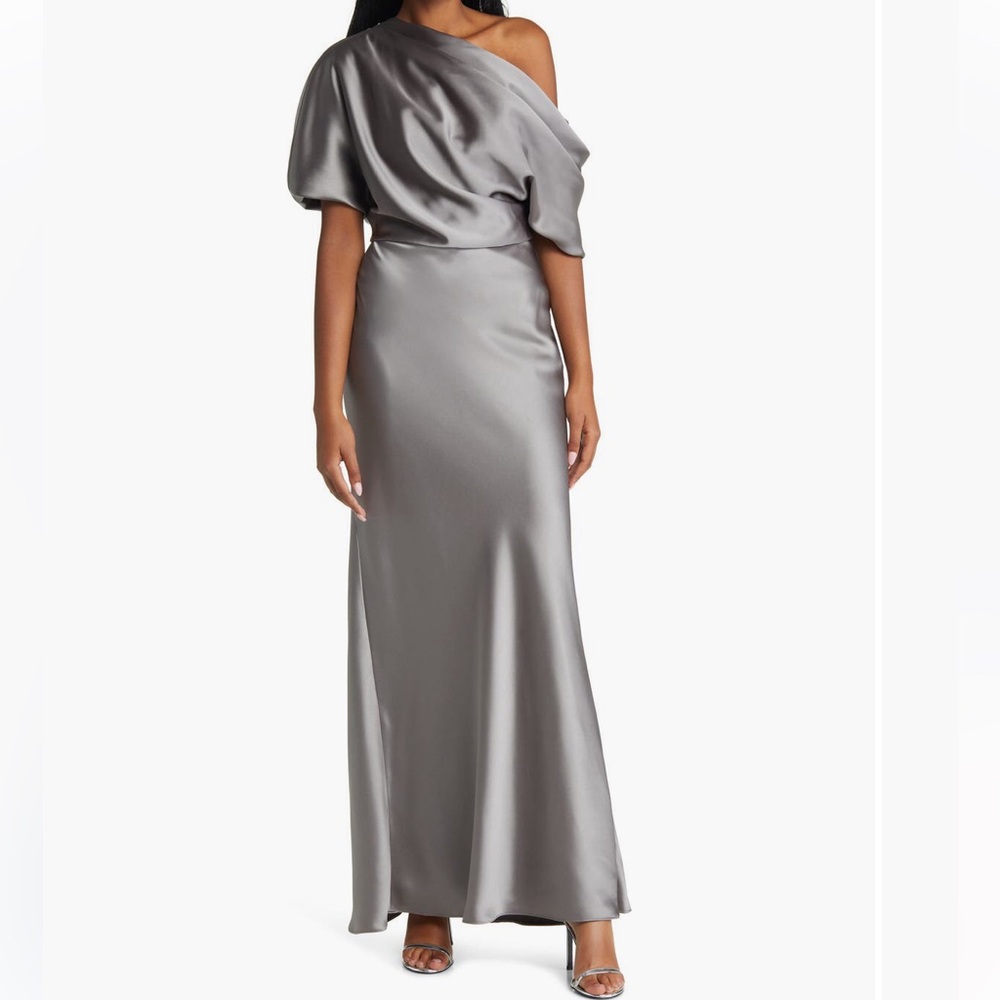 Amsale Silver One-Shoulder Maxi Dress